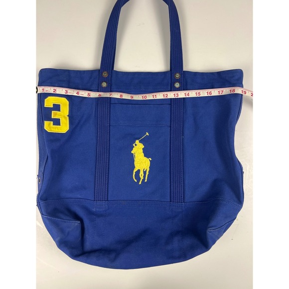 Ralph Lauren Blue Canvas Tote Bag Yellow‎ Pony & Number 3 Beach Shopper - Picture 2 of 14